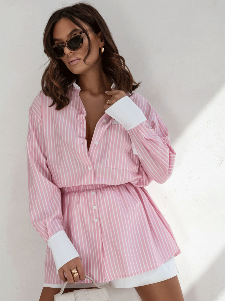 Komplet koszula z szortami w paski LAILA - pudrowy róż