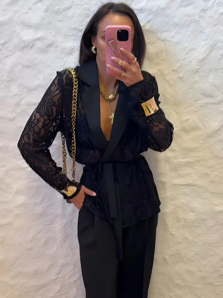 Koronkowa marynarka narzutka z paskiem NANGA - czarna 2