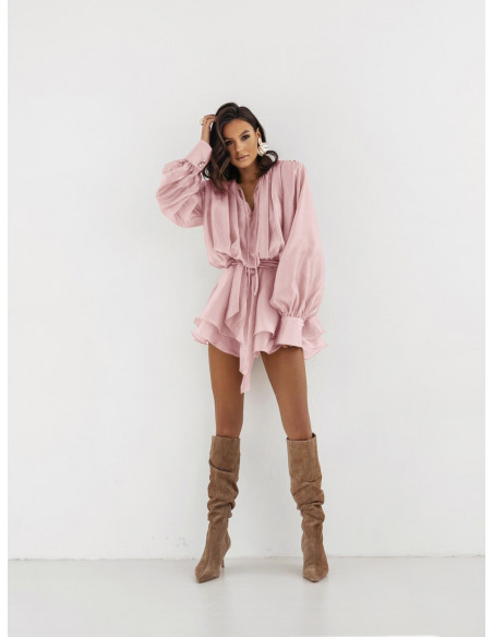 Rozkloszowana sukienka mini z tencelu ESTELLE - pudrowy róż