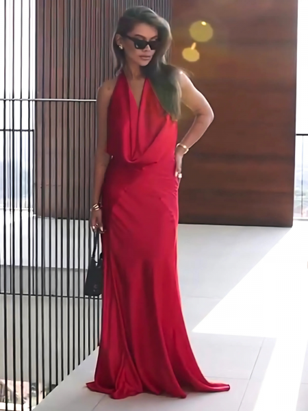 Satynowa sukienka maxi z odsłoniętymi plecami KAO - czerwona 2