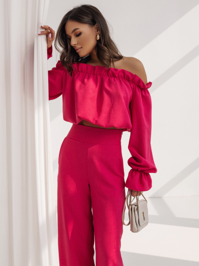 Lniany komplet bluzka i spodnie FAVENNE - fuksjowy