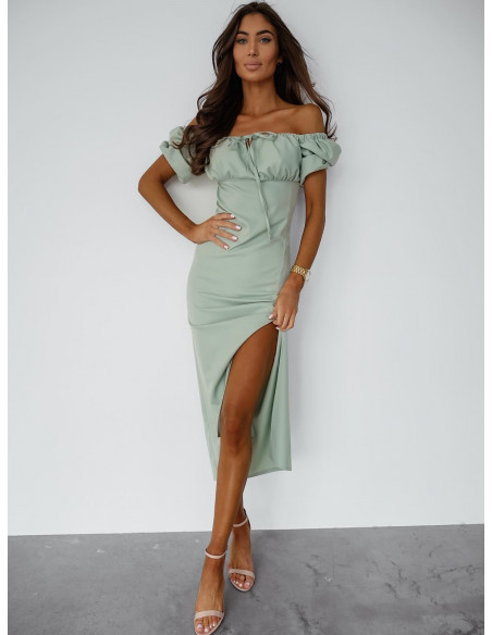 Dopasowana sukienka midi z rozporkiem TRINA - szałwiowa