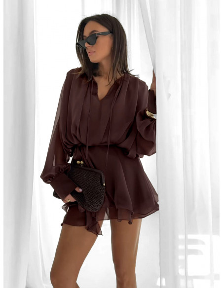 Rozkloszowana sukienka mini z tencelu ESTELLE - czekoladowa