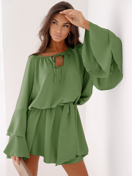 Sukienka oversize z falbanami na rękawach ZUMA - szałwiowa