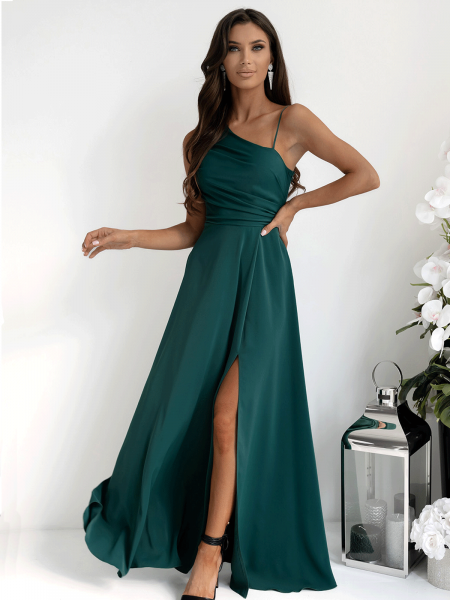 Elegancka sukienka maxi na jedno ramię MONAKO - butelkowa zieleń