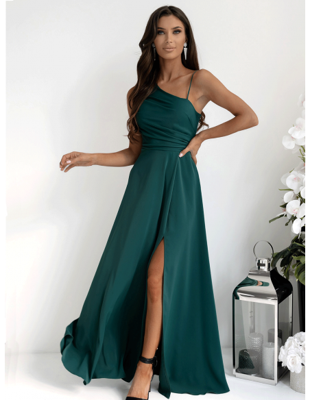 Elegancka sukienka maxi na jedno ramię MONAKO - butelkowa zieleń