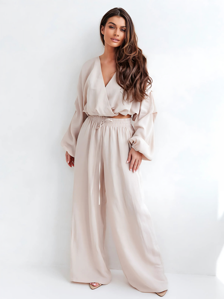 Komplet lniany z szerokimi spodniami SAFFI - beżowy 2