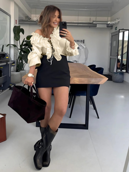 Bluzka koszulowa z tencelu z falbanami KELLY - waniliowa