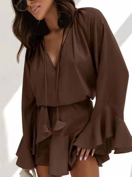 Trapezowa sukienka z falbanami NELLIE - czekoladowa 2