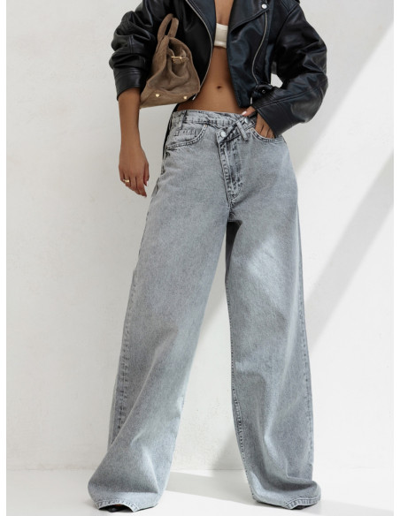 Szerokie spodnie jeans z przetarciami ASHER - szare