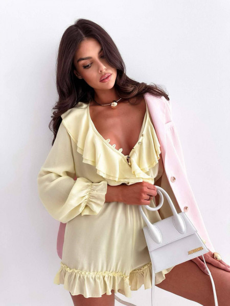 Krótki kombinezon z wiskozy z falbanami LUCA - cytrynowy