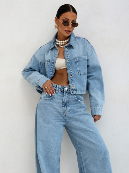 Krótka kurtka katana jeansowa JAXON - niebieska