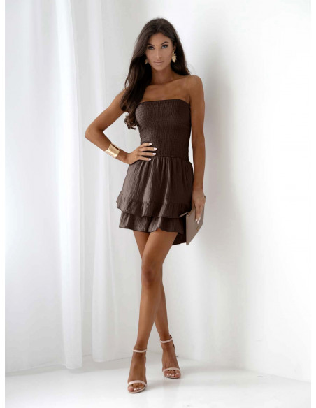 Muślinowa sukienka mini z falbanami LARIA - czekoladowa