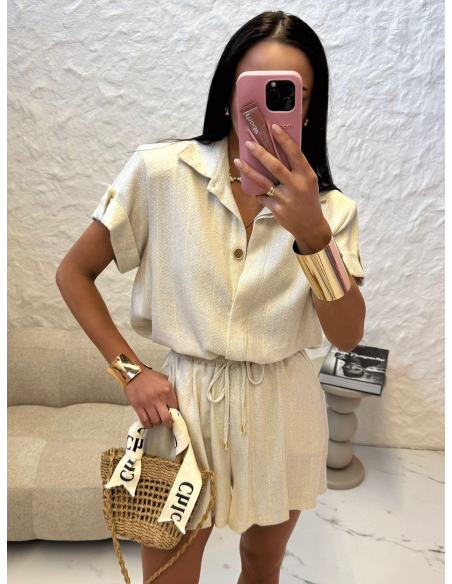 Lniany komplet koszula i spodenki w paski FRIDA - żółty