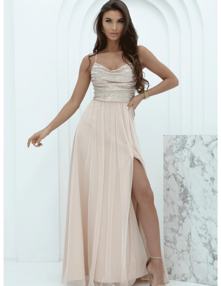 Elegancka tiulowa maxi sukienka CHANTELL - beżowa