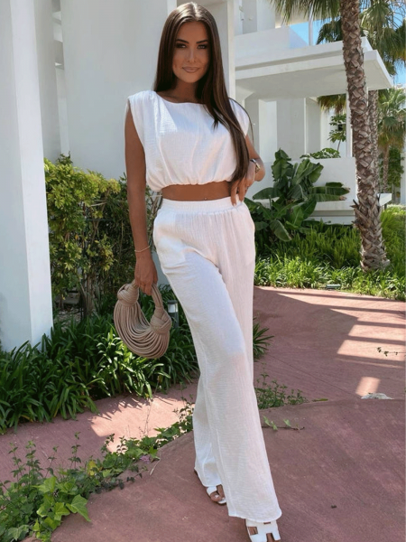 Muślinowy komplet bluzka i spodnie FLEUR - biały