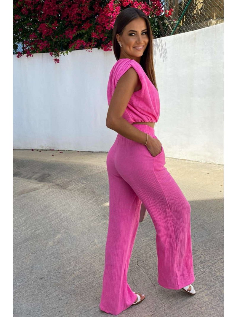 Muślinowy komplet bluzka i spodnie FLEUR - różowy