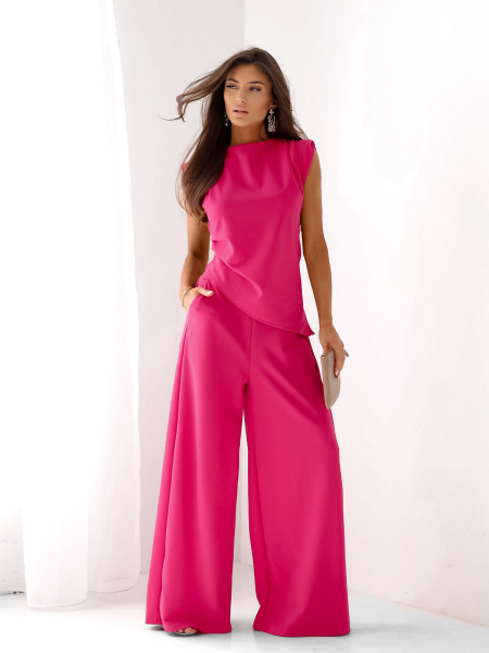 Komplet asymetryczna bluzka i spodnie ARMINA - fuksjowy