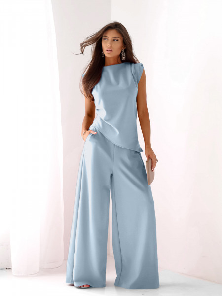 Komplet asymetryczna bluzka i spodnie ARMINA - błękitny