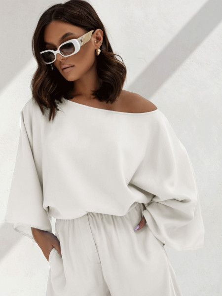 Stylowy komplet z szerokimi spodniami PHOEBE - biały