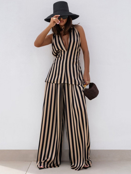 Komplet top i spodnie w paski KORRIN - beżowy