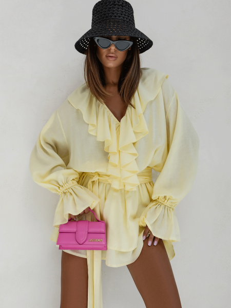 Bawełniana sukienka mini z falbanami OLIVE - cytrynowa