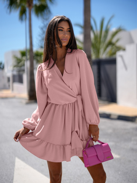 Rozkloszowana sukienka z falbanką - KALIFORNIA - brudny róż