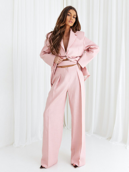 Lniany garnitur z szerokimi spodniami BRIZA - pudrowy róż
