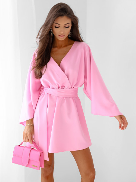 Sukienka mini z przekładanym dekoltem ALIA - pudrowy róż