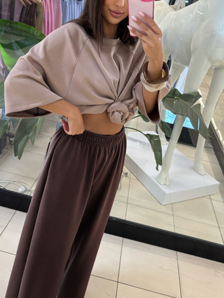 Stylowe szerokie spodnie z wiskozy HANAJ - czekoladowe