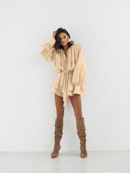 Rozkloszowana sukienka mini z tencelu ESTELLE - beżowa 2