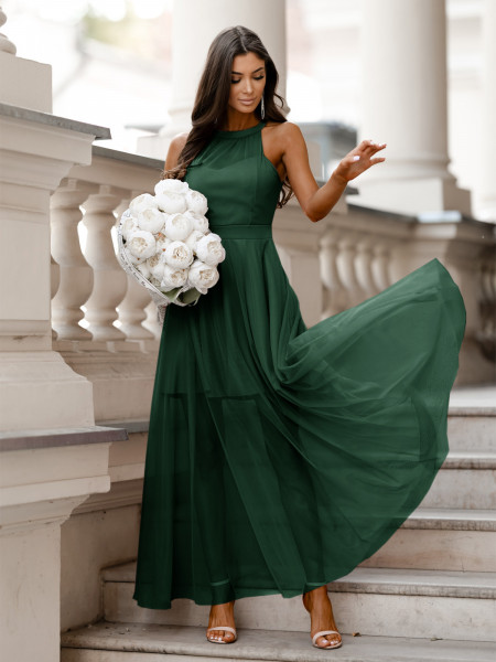 Sukienka maxi z odkrytymi ramionami i tiulem INKA - butelkowa zieleń