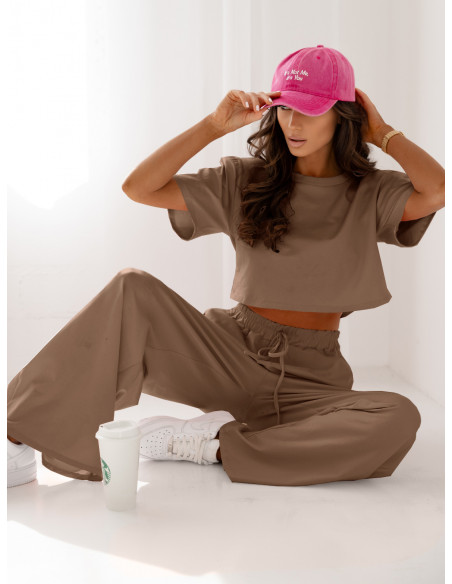 Bawełniany komplet z szerokimi spodniami NICOL - cappuccino