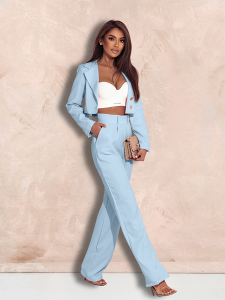 Komplet garniturowy z szeroką nogawką MIZUKI - błękitny