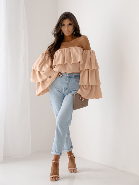 Bluzka hiszpanka z długim rękawem FLORA - beżowa 2