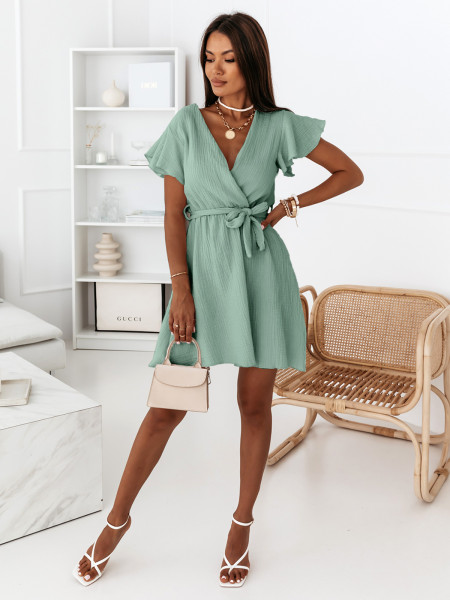 Sukienka muślinowa z kopertowym dekoltem LAFI - szałwiowa