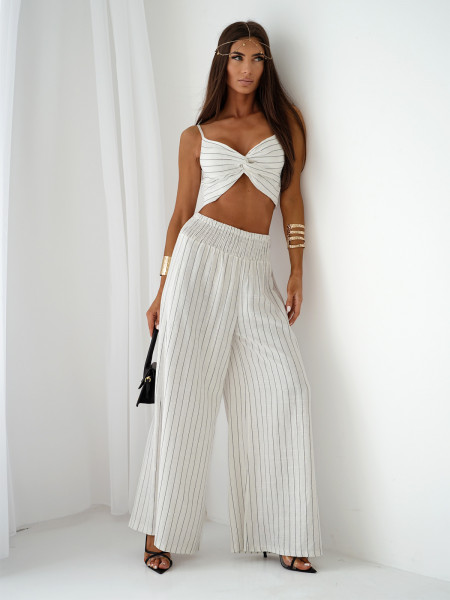 Lniany komplet crop top i szerokie spodnie SETI - biały 2