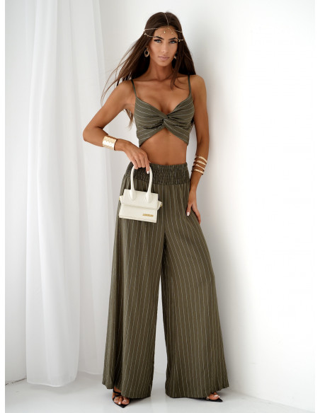 Lniany komplet crop top i szerokie spodnie SETI - khaki