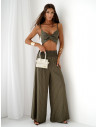 Lniany komplet crop top i szerokie spodnie SETI - khaki