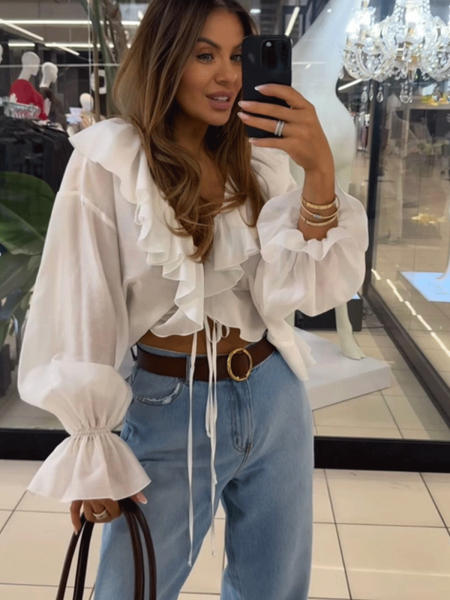 Bluzka koszulowa z tencelu z falbanami LILIOSA - biała