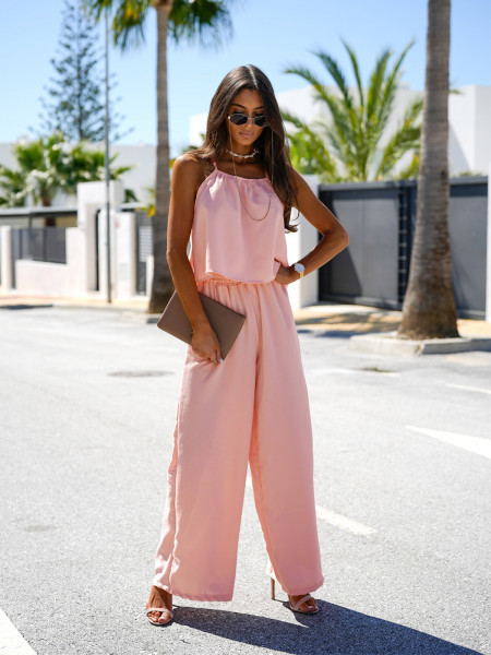 Modny komplet top i szerokie spodnie LEONI - pudrowy róż