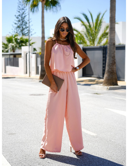 Modny komplet top i szerokie spodnie LEONI - pudrowy róż
