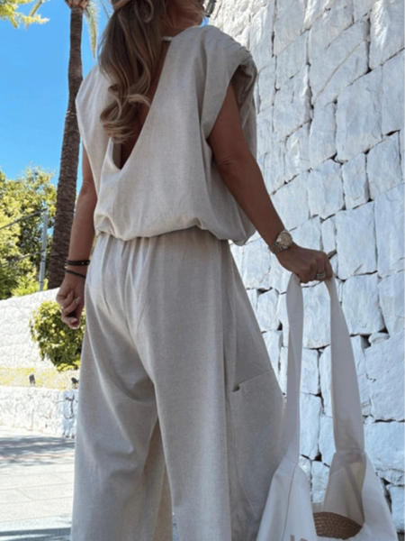 Stylowy lniany komplet z szerokimi spodniami ANEESA - beżowy 2