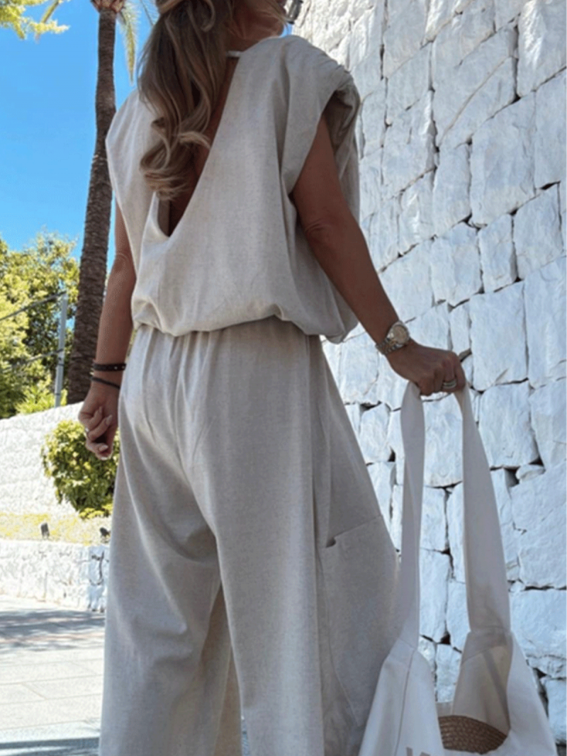 Stylowy lniany komplet z szerokimi...