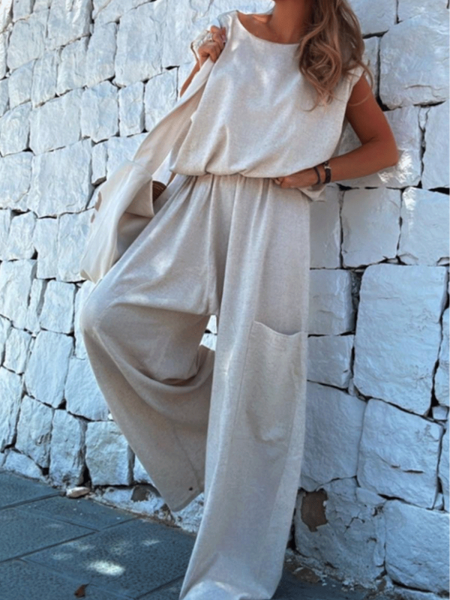 Stylowy lniany komplet z szerokimi spodniami ANEESA - beżowy