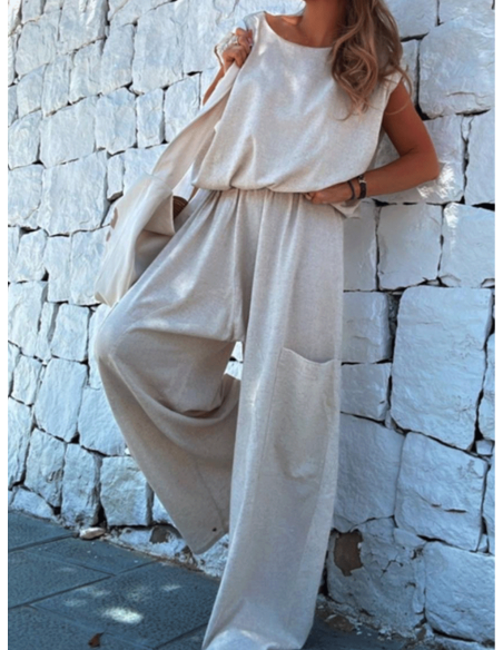 Stylowy lniany komplet z szerokimi spodniami ANEESA - beżowy