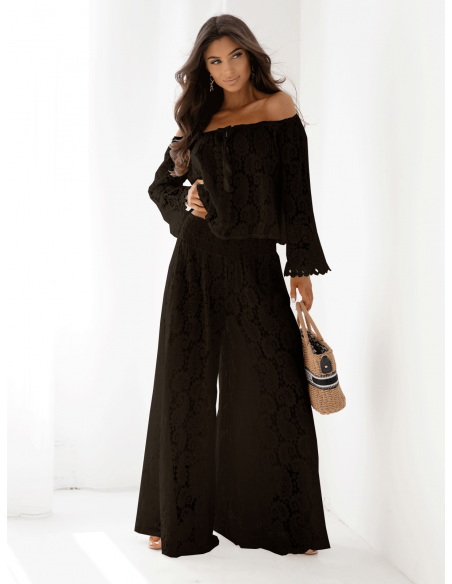 Koronkowy komplet z szerokimi spodniami NEYRISS - czekoladowy