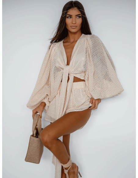 Ażurowy komplet crop top i spodenki KIYOMI - beżowy