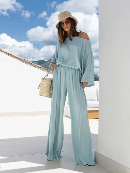 Stylowy komplet z szerokimi spodniami ESMARIA - szałwiowy