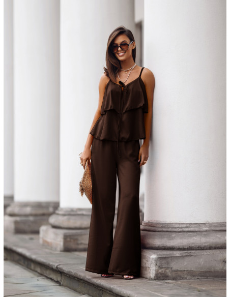 Komplet top z szerokimi spodniami AMARE - czekoladowy